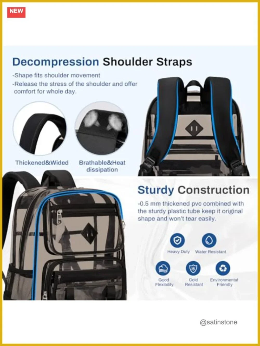 Clear Backpack for School Stadium PVC Bookbag Heavy Duty See Through Bag